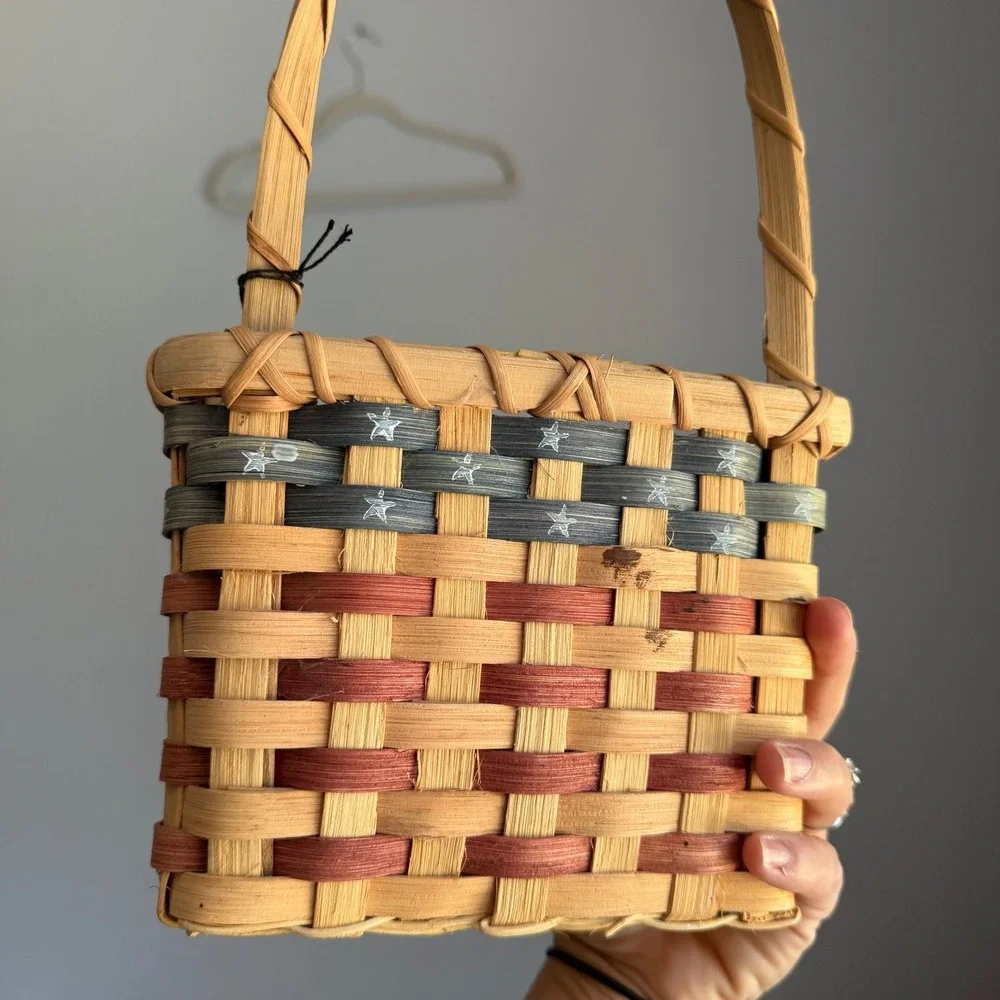 Handmade Woven Splint Wall Basket Americana Patriotic Stars Flag Decor Hanging